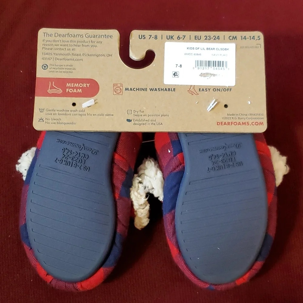 Toddler Boys Girls Dearfoams LIL BEAR Buffalo Check Slippers Size 7/8 Navy NWT
